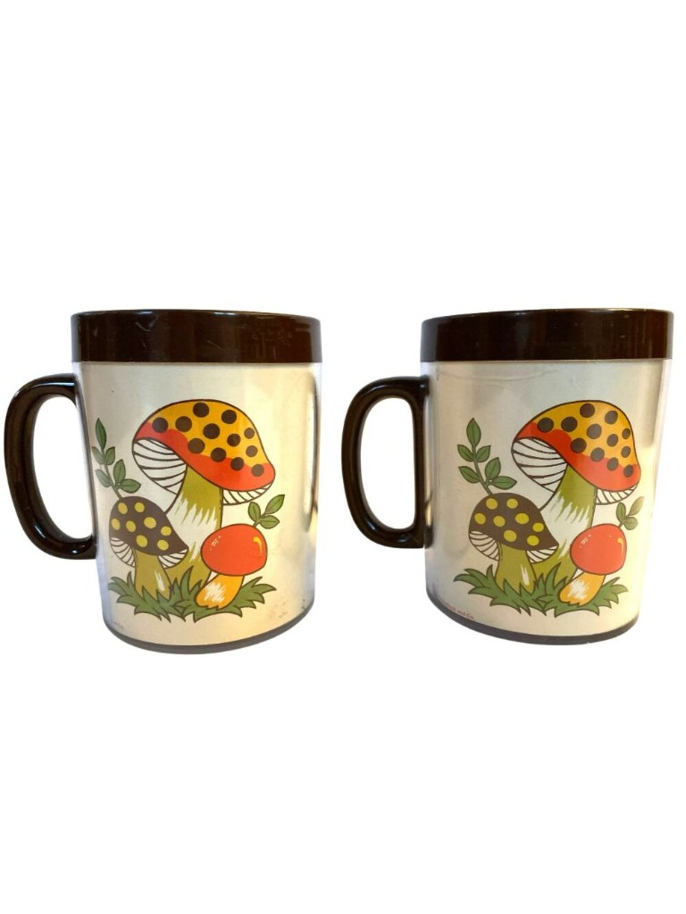 2 Vintage Sears Roebuck Merry Mushroom Thermo Serv Insulated Plastic Mugs 1970's - Picture 3 of 7